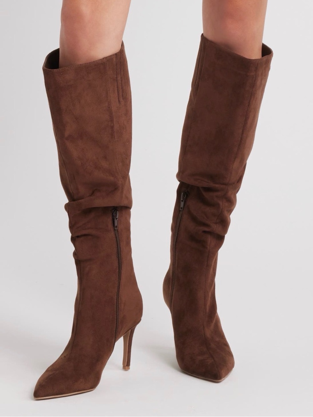 Brown Suede Knee-High Heeled Boots